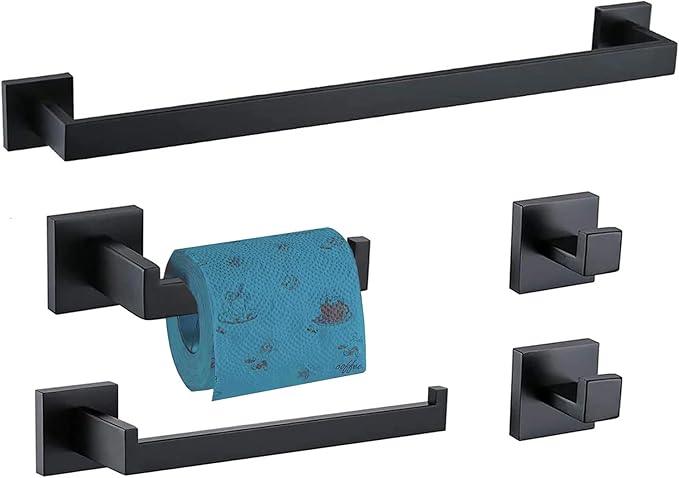 Bathroom Hardware Set 5 Piece Matte Black Bathroom Accessories Set SUS304 Towel Bar Set Includes Towel Bar 24 Inch+Towel Holder+Toilet Paper Holder+Towel Hook (5, Matte Black) - ModernBath