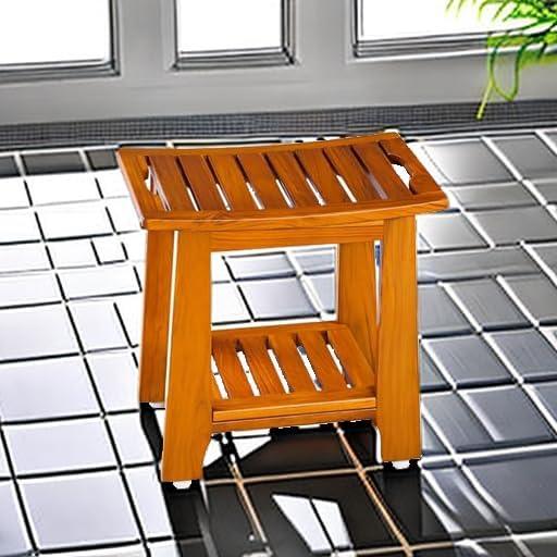 18" Standard Teak Shower Bench with Shelf & Handle - Waterproof, Non-Slip Bath Stool, 300 lbs Capacity - Fits Standard Tubs/Showers & Outdoor Use (Patented) - ModernBath