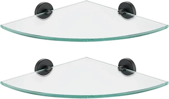 JQK Corner Glass Shelf Black, Bathroom 304 Stainless Steel Shower Triangle Floating Wall Shelf, 10 x 10 Tempered Glass, 2 Pack, TGS190L10-PB-P2 - ModernBath