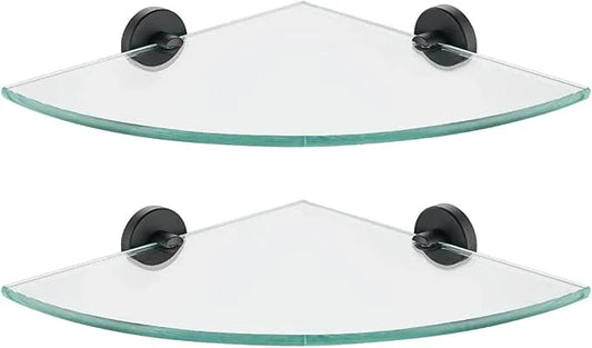 JQK Corner Glass Shelf Black, Bathroom 304 Stainless Steel Shower Triangle Floating Wall Shelf, 10 x 10 Tempered Glass, 2 Pack, TGS190L10-PB-P2 - ModernBath