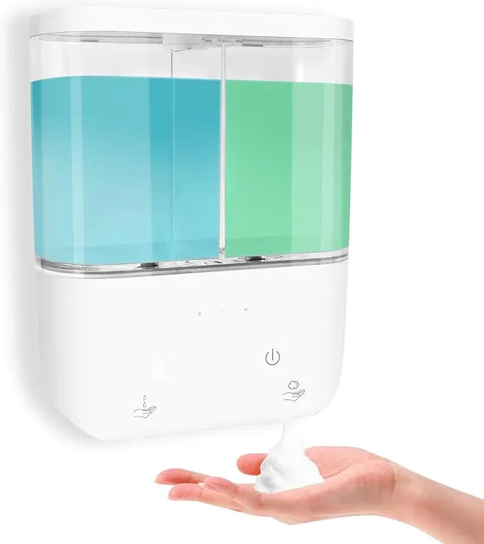 Double Automatic Soap and Shower Dispenser Wall Mount 2 Chambers Dispenser IPX5 for Bathroom No Drill (White - Liquid&Foam) - ModernBath