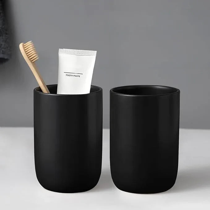 Matte Black Toothbrush Holders for Bathrooms - 2 Cups Ceramic Toothbrush Toothpaste Holders Set, Black Bathroom Tumbler Cups Reusable Toothbrush Cup Black Mouthwash Cup, Bathroom Counter Organizer - ModernBath