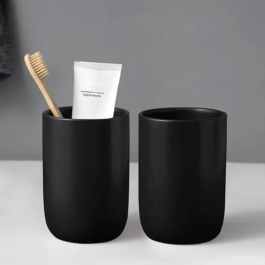 Matte Black Toothbrush Holders for Bathrooms - 2 Cups Ceramic Toothbrush Toothpaste Holders Set, Black Bathroom Tumbler Cups Reusable Toothbrush Cup Black Mouthwash Cup, Bathroom Counter Organizer - ModernBath