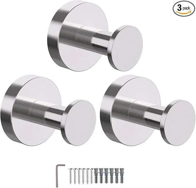 Epock Towel Hooks for Bathrooms Set of 3, Screw-in Stainless Steel Robe Coat Clothes Hook Bathroom & Kitchen Round Style Wall Hooks Rustproof -Blushed Silver - ModernBath