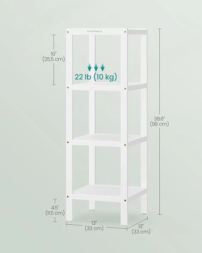 SONGMICS Bamboo Storage Shelf, 4-Tier Shelving Unit, Multifunctional, in The Entryway, Bathroom, Living Room, Balcony, Kitchen, 13 x 13 x 38.6 Inches, Cloud White UBCB054W01 - ModernBath