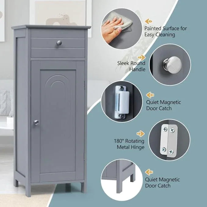 GOFLAME Bathroom Storage Cabinet, Freestanding Wooden Storage Cabinet with Large Drawer, 2 Float Shelves with 7 Positions, Bathroom Floor Cabinet Organizer for Living Room, Gray - ModernBath