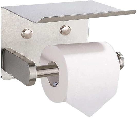 Adhesive Toilet Paper Holder with Phone Shelf Paper Tissue Holder Storage 304 Stainless Steel Wall Mounted Toilet Roll Holder Dispenser,Paper Holder with Shelf Bathroom Organizer(Brushed Nickel)