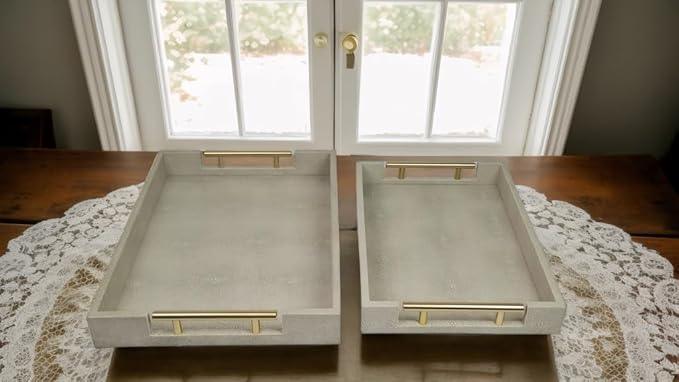 Set of 2 Wood Serving Tray with Gold Polished Metal Handles, Home Decorative Wooden Rectangle Ottoman Leather Decor Platter Bathroom Vanity Tray for All Occasions (Ivory) - ModernBath