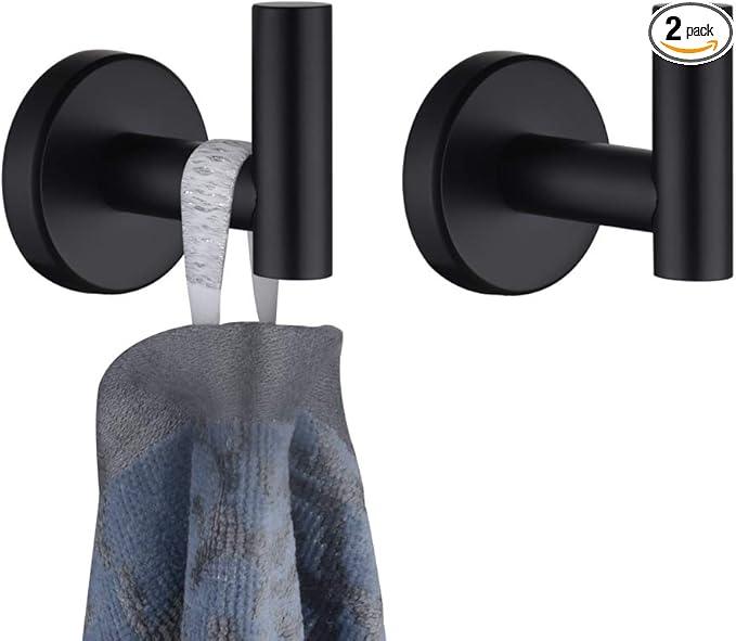 JQK Black Bathroom Towel Hook, Coat Robe Clothes Hook for Bathroom Kitchen Garage Wall Mounted (2 Pack), 304 Stainless Steel Matte Black, TH100-PB-P2 - ModernBath