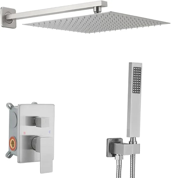 JingGang Brushed Nickel Shower System 12 Inch Bathroom Luxury Rain Mixer Shower Combo Set Wall Mounted Rainfall Shower Head and Handheld System Shower Faucet Set Rough-in Valve Body and Trim Kit - ModernBath