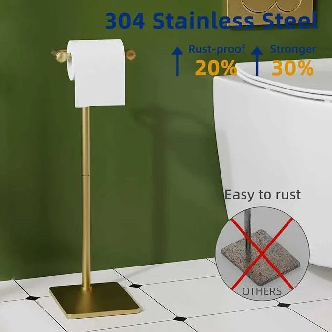 RUACQ Toilet Paper Holder Stand, Bathroom Toilet Paper Roll Holder Free Standing, Toilet Tissue Holder Stand with Post Pivoting Design, Stable Weighted Base, SUS304 Stainless Steel (Brushed Gold) - ModernBath