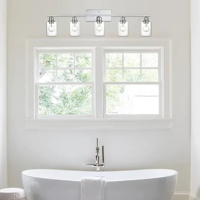 VINLUZ 5 Light Bathroom Lighting Fixture in Chrome Finish,Contemporary Indoor Wall Lights with Clear Cylinder Glass Shade Classic Vanity Light for Stair Entryway Hallway - ModernBath