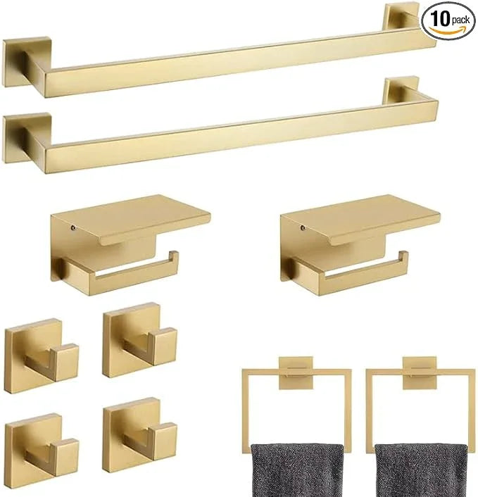 10-Piece Bathroom Hardware Kit - Brushed Finish SUS304 Stainless Steel Set, Featuring 2 x 23.6 Towel Bars, 2 Towel Rings, 2 Toilet Paper Holders & 4 Towel Hooks (Brushed Stainless) (Brushed Gold) - ModernBath
