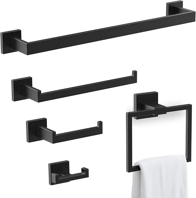 BOZWELL 5 Pieces Matte Black Bathroom Hardware Accessories Set Square Towel Racks for Bathroom 23.6 inch Stainless Steel Towel Bar Set Wall Mounted Towel and TP Set - ModernBath