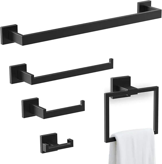 BOZWELL 5 Pieces Matte Black Bathroom Hardware Accessories Set Square Towel Racks for Bathroom 23.6 inch Stainless Steel Towel Bar Set Wall Mounted Towel and TP Set - ModernBath