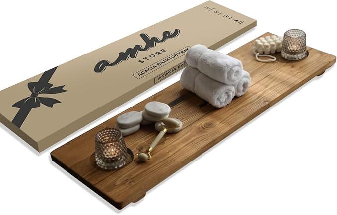 Amhe Store! Luxury Rustic Acacia Wood. Durable, Water-Resistant, Minimalistic, Adjustable 35x9 Inches. Lovely Gift - Box. Bath Tub Tray Wood - Bath Tray for Tub. Unique Natural Grain for Relaxation - ModernBath