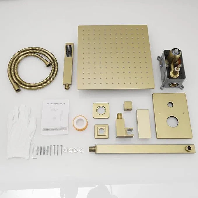 JingGang Brushed Gold Shower System 12 Inch Bathroom Luxury Rain Mixer Shower Combo Set Wall Mounted Rainfall Shower Head and Handheld System Shower Faucet Set Rough-in Valve Body and Trim Kit - ModernBath
