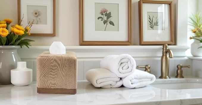 Hymmah Wooden Texture Square Tissue Box Cover Cube Tissue Holder Unique Design Klenex Box Dispenser for Bathroom Vanity Counter Tops Also Great for Bedrooms and Living Rooms - ModernBath