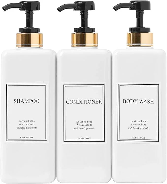 Shampoo and Conditioner Dispenser - Modern Gold Design Large 27oz Shower Soap Dispenser Set of 3, Refillable Empty Plastic Pump Bottles for Bathroom, 6 Waterproof Labels Included, Black - ModernBath