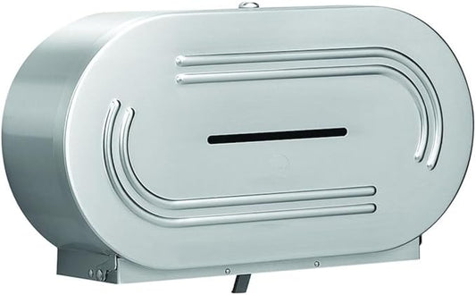 Bradley Jumbo Dual Roll Toilet Paper Dispenser, Holds Two 9" Diameter Rolls, Keyed Lock, Refill-Indicator Slot on Dispenser Face, Satin Finish, Stainless Steel