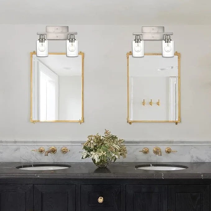 VINLUZ Modern Bathroom Vanity Light,2 Light Industrial Wall Sconces in Brushed Nickel Finish Indoor Metal Base Wall Mounted Fixture with Clear Glass Shade - ModernBath