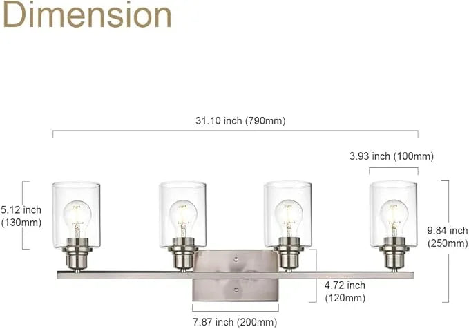VINLUZ Industrial Brushed Nickel Wall Sconce with Clear Glass Shade and Metal Base,4 Light Bathroom Vanity Lighting Fixture Over Mirror for Dressing Table - ModernBath