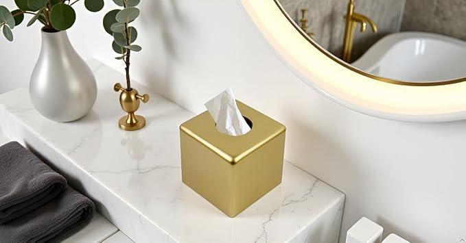 Huitony Square Tissue Box Cover Decorative Kleenex Box Holder for Bathroom & Living Room with Handcrafted Texture (Gold) - ModernBath