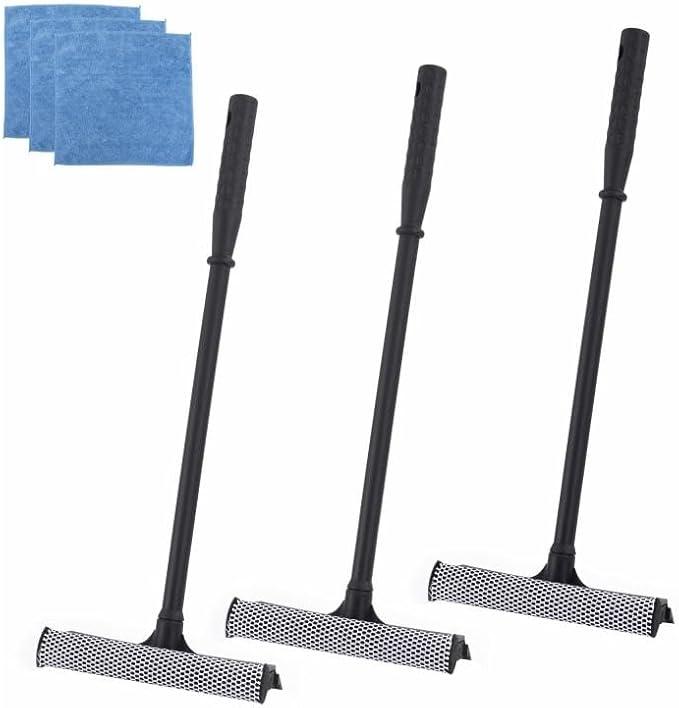 Matthew All Purpose Window Squeegee w/Premium Microfiber Cloth 3Pcs,Car Squeegee Windshield Cleaning Sponge and Rubber Squeegee,2-in-1 Window Cleaner Sponge(8'') and Soft Rubber with Pole 20''(3Pack) - ModernBath