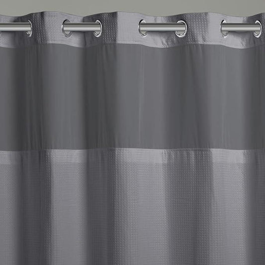 Hookless It’s A Snap! Waffle Shower Curtain, 3-in-1 Shower Curtain Includes Fabric Shower Curtain with Sheer Top Window, Flex-On Rings & Fabric Liner, 71” x 74”, Frost Grey - ModernBath