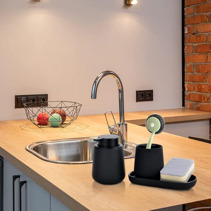 BosilunLife Black Bathroom Accessory Set - 3 pcs Ceramic Bathroom Soap Dispenser Set Farmhouse Bathroom Counter Decor Set Accessories, Soap Dispenser and Toothbrush Holder, Tray (Liquid Pump) - ModernBath