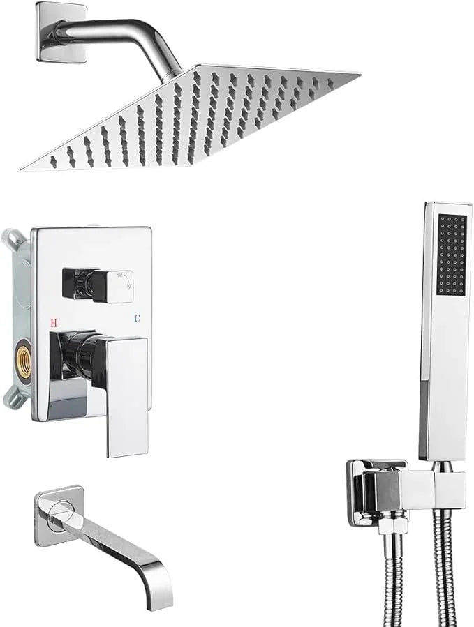 Heable Chrome Shower System Bathroom Shower Faucet Set with Tub Spout Wall Mounted 8 Inch Shower Head and Handle Set with Handheld 3 Function Tub and Shower Trim Kit with Rough-in Valve - ModernBath