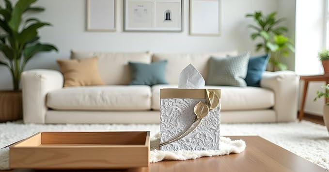 Huitony Square Tissue Box Cover Decorative Kleenex Box Holder for Bathroom & Living Room with Handcrafted Texture (colla Gold) - ModernBath