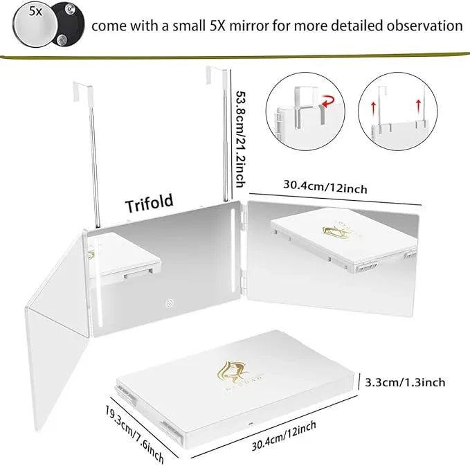 GLDDAO LED 3 Way Mirror to See Back of Head 360 Mirror for Women for Braiding Hair Telescoping Hooks Anti-Fog HD Glass Three Way for Self Hair Cutting Makeup Trifold - ModernBath