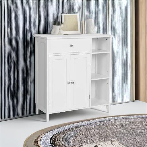 VASAGLE Floor Storage Cabinet with Drawer, Freestanding Cabinet with Doors, 3 Open Compartments, Adjustable Shelves, 11.8 x 29.5 x 31.5 Inches, for Bathroom, Living Room, Cloud White UBBC142W01 - ModernBath