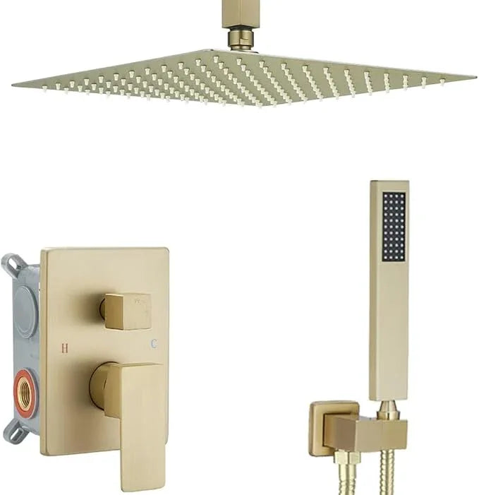 Heable Brushed Gold Shower System Bathroom 16 Inch Rain Shower Head Ceiling Mount with Handheld Luxury High Pressure Shower Combo Set Shower Faucet Rough-in Valve Body and Trim Kit - ModernBath