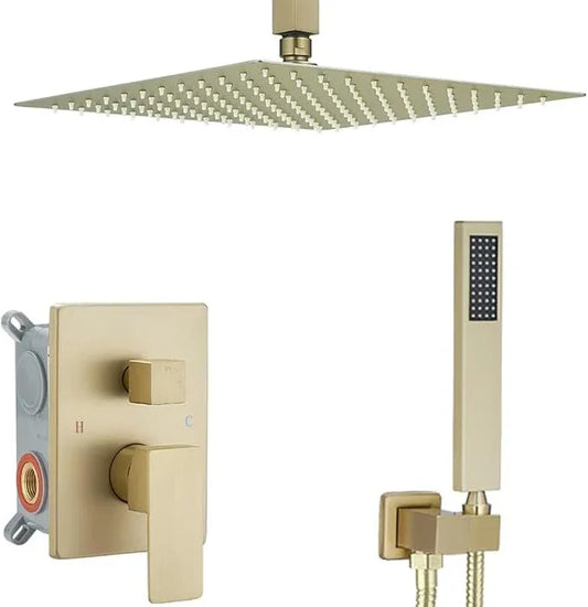 Heable Brushed Gold Shower System Bathroom 16 Inch Rain Shower Head Ceiling Mount with Handheld Luxury High Pressure Shower Combo Set Shower Faucet Rough-in Valve Body and Trim Kit - ModernBath