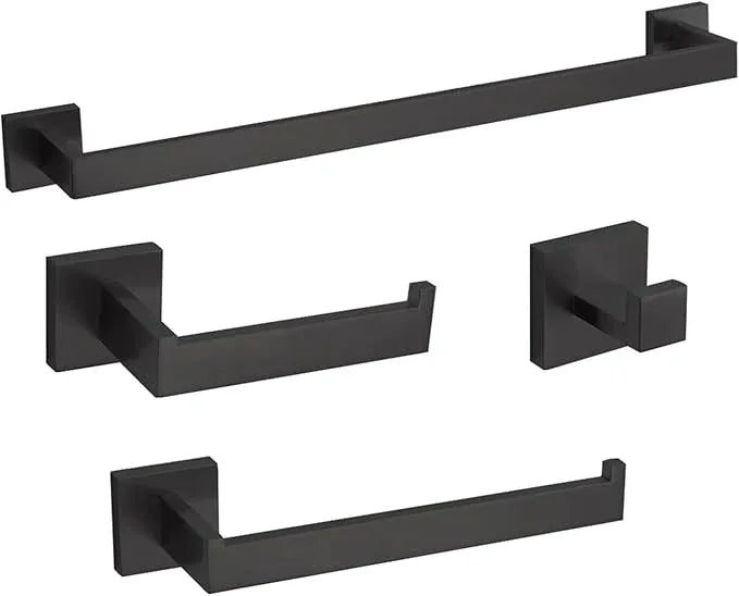 4-Piece Bathroom Hardware Set, Towel Rack Towel Bar Towel Holder Toilet Paper Holder Matte Black Towel Hooks Modern Square Stainless Steel Wall Mounted Bathroom Accessories Set (16inch) - ModernBath