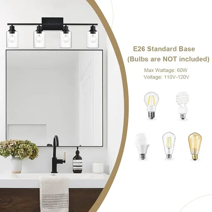 VINLUZ 4-Lights Black Bathroom Vanity Light Fixtures with Clear Cylinder Glass Shade,Industrial Metal Wall Mounted Lighting Over Mirror - ModernBath