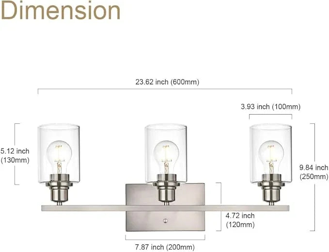 VINLUZ Metal Brushed Nickel 3 Lights Wall Light,Indoor Vanity Light Fixture with Clear Glass Shade Farmhouse Bathroom Lighting Fixtures Over Mirror for Porch Workshop - ModernBath