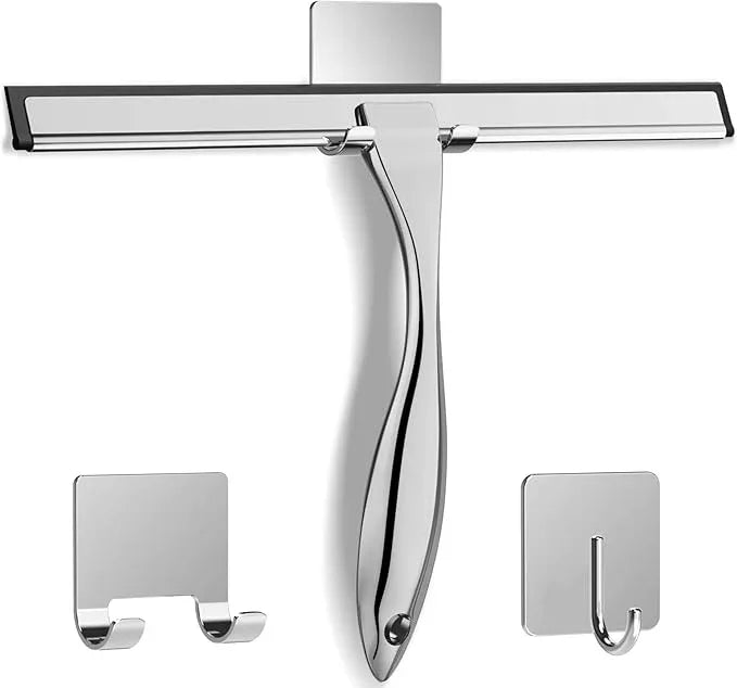 All-Purpose Stainless Steel Shower Squeegee for Shower Doors with 2 Adhesive Hooks, Bathroom Cleaner Tool Household Window Mirror Squeegee for Home Cleaning, Glass Door, Tile Wall, Car, 12 Inch Silver - ModernBath