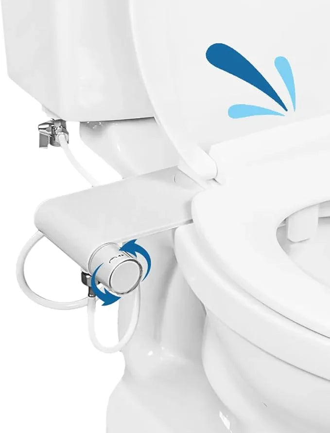 Rear & Feminine Right Handed Ultra Thin Bidet Attachment for Toilet with Self Cleaning Dual Nozzles - No Wiring Needed - Easy DIY Install - Includes Hybrid Brass 3-way T with ON/OFF & Travel Bidet - ModernBath