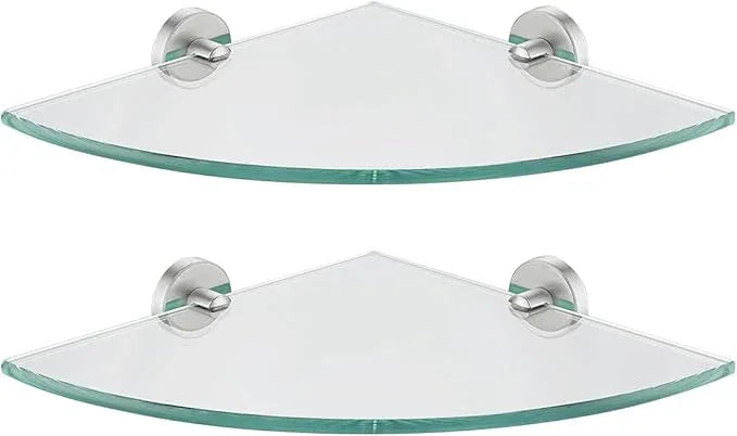JQK Corner Glass Shelf, Brushed Steel Bathroom 304 Stainless Steel Shower Triangle Floating Wall Shelf, 10 x 10 Tempered Glass, 2 Pack, TGS190L10-BN-P2 - ModernBath