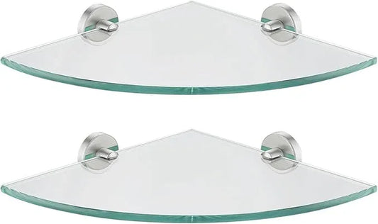 JQK Corner Glass Shelf, Brushed Steel Bathroom 304 Stainless Steel Shower Triangle Floating Wall Shelf, 10 x 10 Tempered Glass, 2 Pack, TGS190L10-BN-P2 - ModernBath