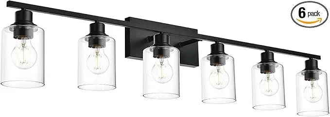 VINLUZ Bathroom Vanity Light Fixtures,6 Light Matte Black Modern Metal Base Wall Sconce Lighting with Clear Glass Shade Wall Mounted Lamp for Mirror - ModernBath