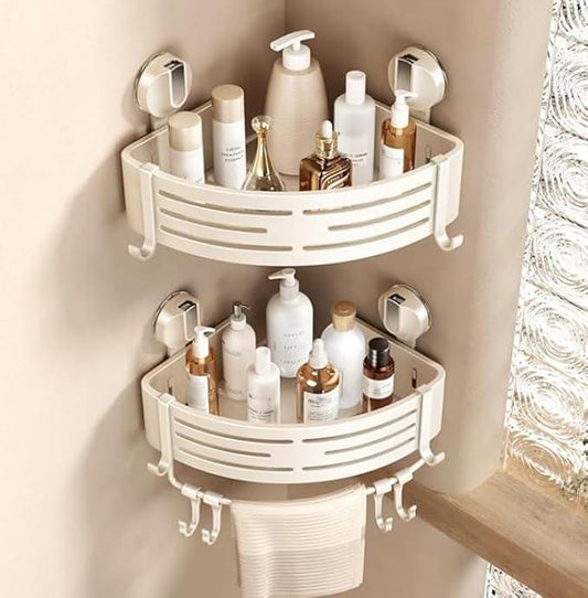 VOLPONE Corner Shower Caddy Suction Cup Shower Shelf Corner No Drilling Bathroom Shower Organizer Storage Rack Adhesive with Towel Bar Hooks(2-Pack, Ivory) - ModernBath