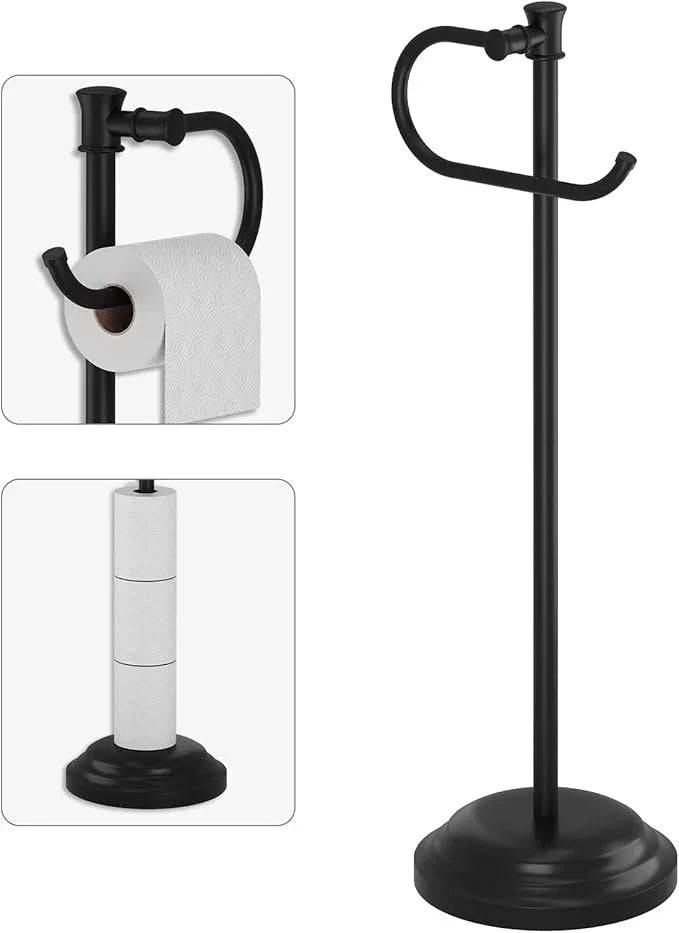 BESy Toilet Paper Holder Free Standing Bathroom Toilet Tissue Holder Stand for Floor Toilet Paper Roll Holder with Storage Hardware Accessories Rack Hand Towel Bar Matte Black Stainless Steel - ModernBath