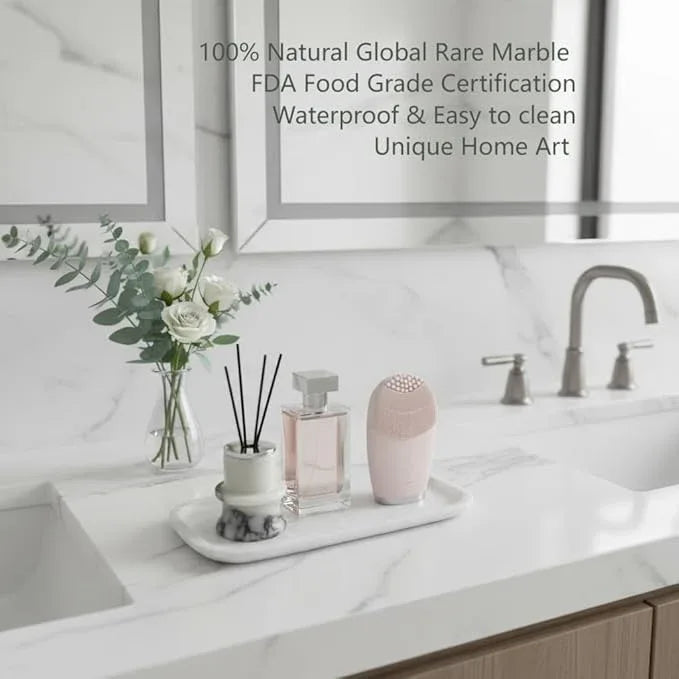 Marmor 100% Natural Marble Bathroom Tray for Perfume, Candles, Jewelry Stone Vanity, Bathroom & Kitchen Counter Organizer and Home Decor (Small White Crystal Tray) - ModernBath