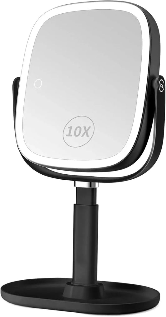 Lighted Makeup Mirror, 2600mAh Rechargeable 1x/10x Magnifying Vanity Mirror, 8.5" Height Adjustable Makeup Mirror with Lights 3 Color, 360° Rotation 2-Sided Light up Large Desk Mirror - Black - ModernBath