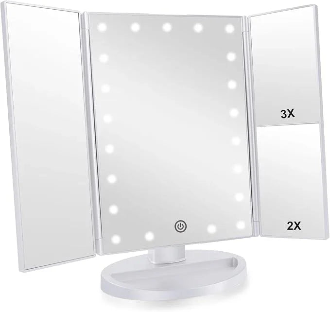Infitrans Trifold Makeup Mirror Vanity Mirror with Lights,1X 2X 3X Magnification,Touch Control,Adjustable Rotation,Dual Power Supply,Portable Travel Cosmetic Mirror,Birthday Gifts for Women,Teengirls - ModernBath