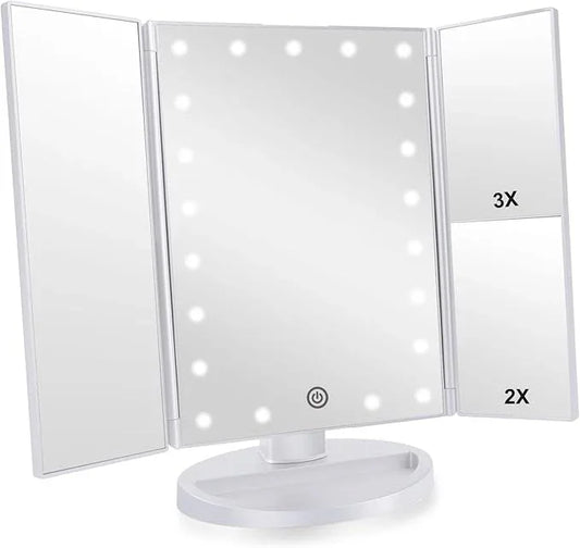 Infitrans Trifold Makeup Mirror Vanity Mirror with Lights,1X 2X 3X Magnification,Touch Control,Adjustable Rotation,Dual Power Supply,Portable Travel Cosmetic Mirror,Birthday Gifts for Women,Teengirls - ModernBath